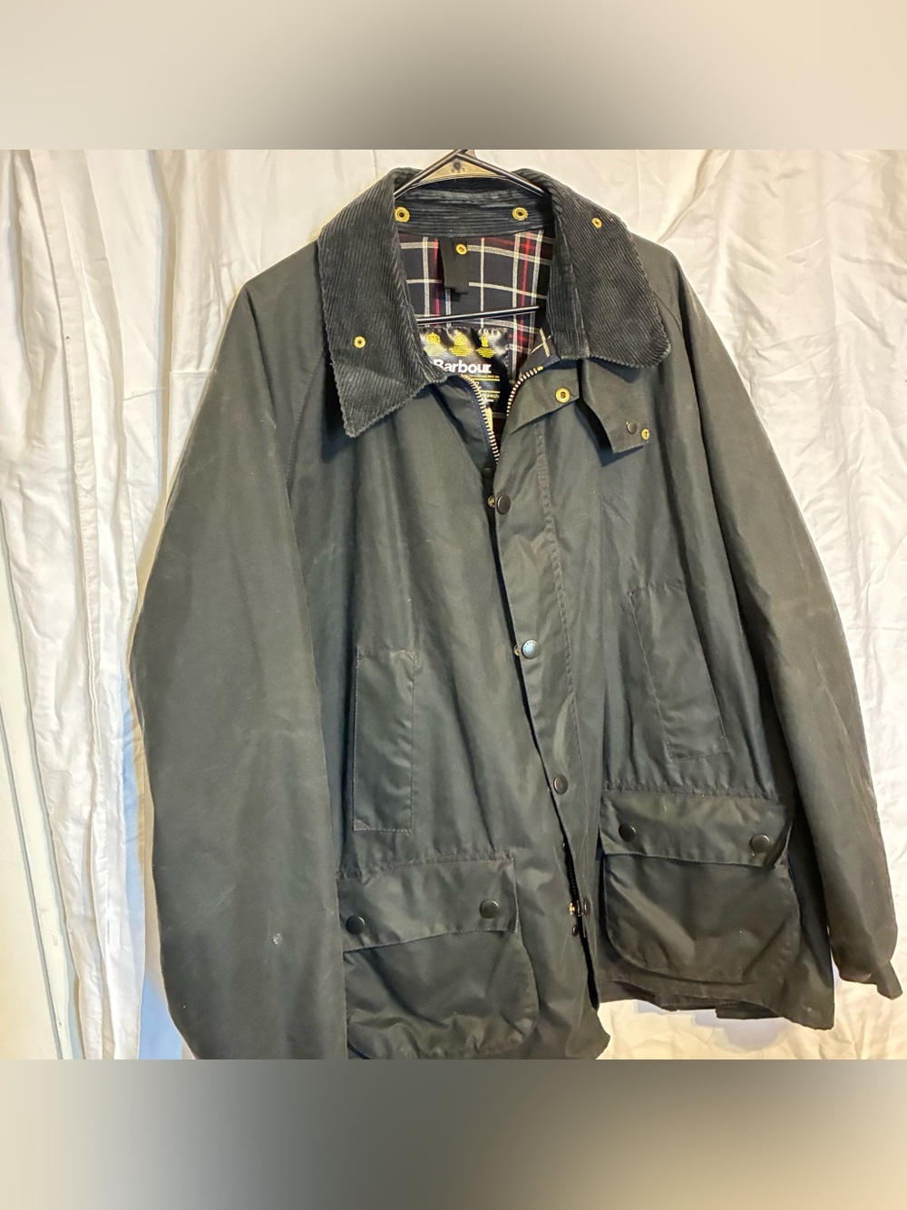 Barbour Olive Green Waxed Field Jacket with Dark Corduroy Collar